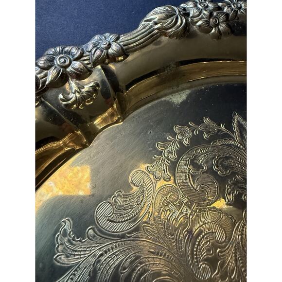 Vintage French Victorian Brass Serving Platter Etched Engraved Round Charcuterie - Picture 9 of 9